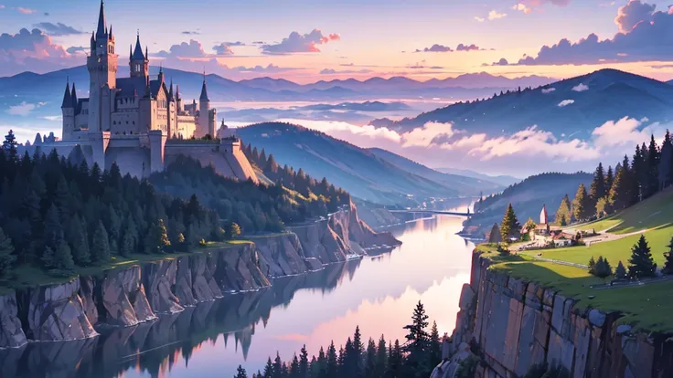 From a high vantage point in the sky, an expansive isekai world unfolds below. A majestic castle rises from a distant hill, its towering spires and grand turrets reaching up toward the clouds. From above, the castle appears small yet powerful, surrounded b...