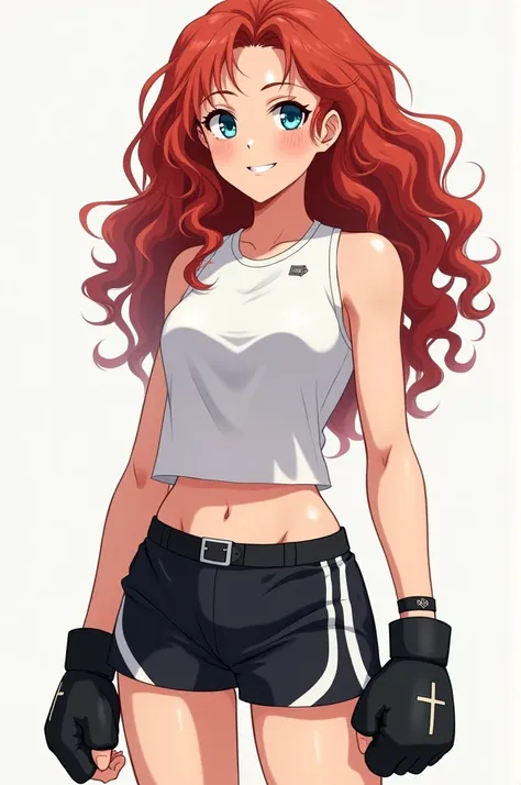  A young woman aged 18-22 ,  with curly red hair up to the waist , ojos azules claros,  oval face and soft smile .  Wears a white sleeveless t-shirt with a black belt ,  black shorts with white side stripes and black wrestling gloves.  She wears a black br...