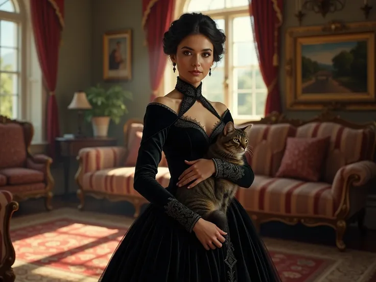 lovely 1850s wealthy dark dress fashionable Star Trek mother-in-law with her cat in livingroom, full view