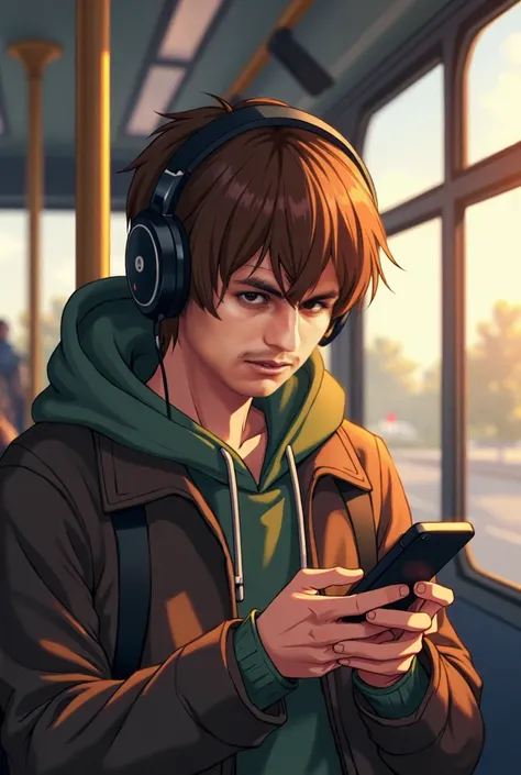  that this character is inside public transport(bus) That he is brown with headphones and looking at his phone ., The type of straight hair but its short  ,  not so careless but not that perfect either 