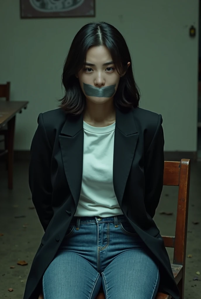 Choi yoo jin wearing blue pants from jeans and white t-shirt with black business jacket in old slaughterhouse sitting on the chair hands hidden in her back mouth taped by silver duct tape dark aura