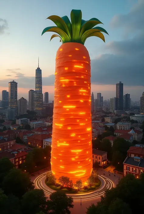 Imagine a building in the shape of carrot and take that in the citycentre during the time of evening with aesthetics lighting 