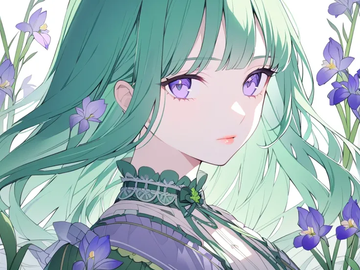 Beautiful eyes, beautiful lips, purple eyes, straight long green hair, calm, gentle, serene, noble, goddess, lolita dress, iris flower, french bob hairstye