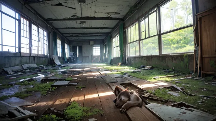 In the forest、Sea of Trees、  reinforced concrete building、Broken window glass、 decayed hospital  、dilapidated hospital 、(((There are wild dogs)))、Large room