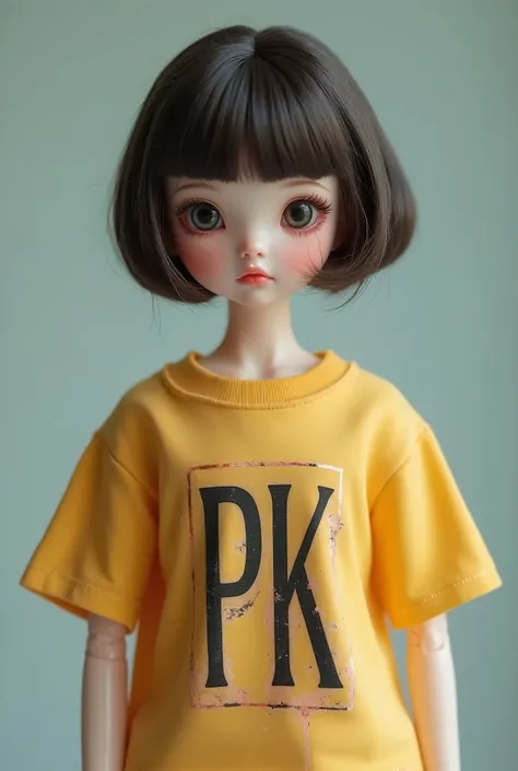 A doll wearing a shirt with the acronym PK