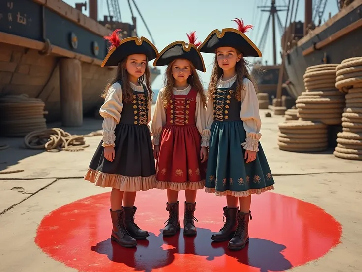 1860s 3 12yr old pirate hat minidress girls standing inside the red circle painted in the shipyard