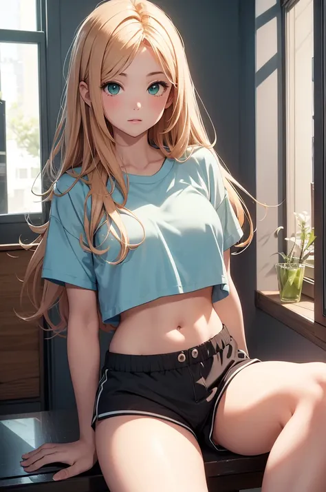 (Masterpiece, top quality, absolute resolution, real stick, realistic materials and textures, perfect anatomy), long Peach hair, green eyes, BREAK Subject: Photo girl Subtitle: Junior high school girls, thighs, small, cute, cotton pajama shorts, crop top, ...