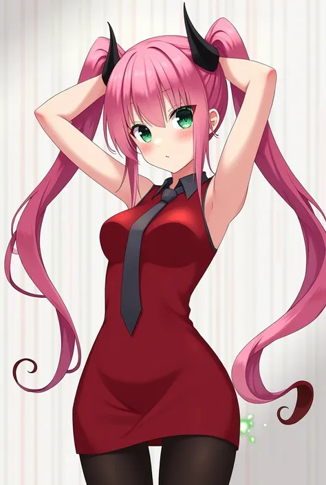 masterpiece, best qualityi¼ 1girl, solo, zero_two_|(darling_in_the_franxxl), long_hair, horns, pink_hair, pantyhose, breasts, hairband, smile, looking_at_viewer, black_pantyhose, medium_breasts, white_hairband, simple_background, arms_behind_head, arms_up,...