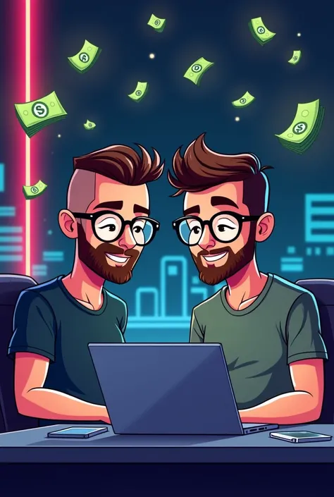 Two Brazilian friends in a cartoon style, both wearing glasses, sitting side by side in a modern digital workspace. One has very short hair, almost shaved, but not completely bald, while the other has a neat, stylish social haircut. Both have short, well-g...