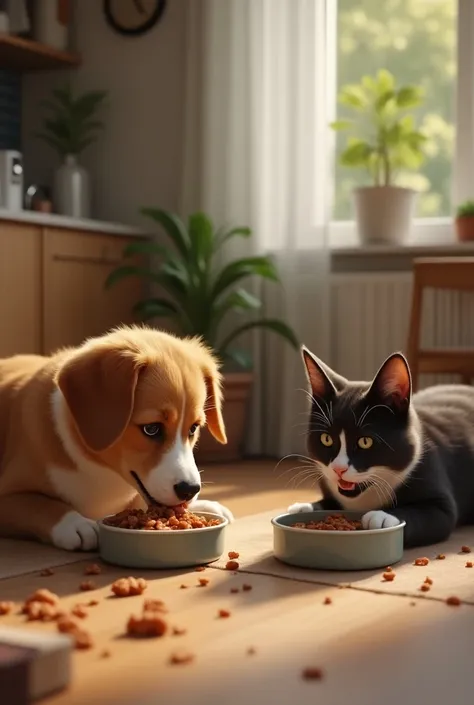 A dog eating and a cat eating from the same house in separate spaces