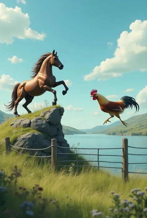 Create in an animated version where in the grass there is a sloth that is sculpting a sculpture of a large and muscular horse that is playing a guitar,  and next to it there is a sculpture of a chicken jumping from a mountain to a lake with a view that it ...