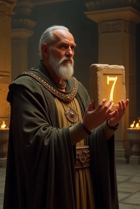 Show an ancient Babylonian priest holding a clay tablet with the number “7” carved or glowing on it, with an intense look of reverence on the priest’s face, emphasizing their attachment to this number.