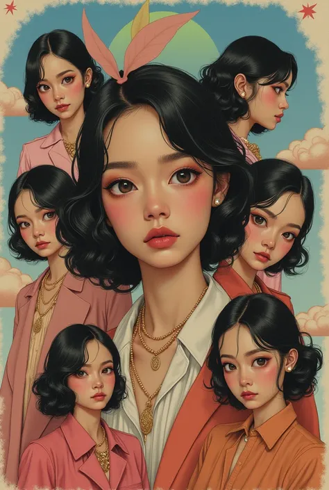 multiple expressions, multiple poses, different outfits, high color, surreal, retro, pencil, beautiful face, high detail face