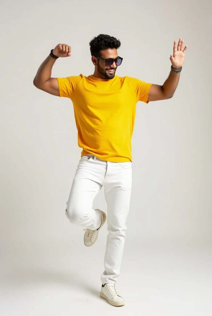 Indian guy wearing  shirt and white jeans phant white shue white wear and wear transparent coolers in dance plain background 