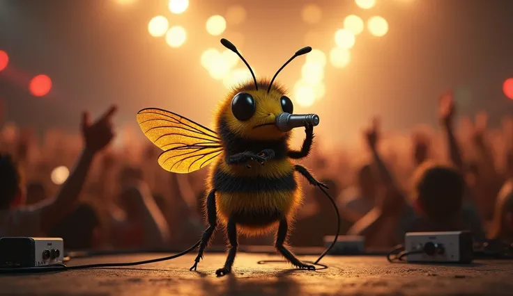 tinny real bee as a singer, singing with a microphone in rock concert.