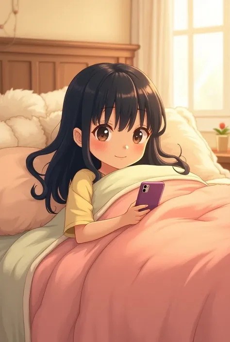 Long medium straight hair golden skin tone , black hair with curtain bangs almond eyes height about side and 5.2 cm long nose girl with blanket in the side and pillows in bed with phone in hand in cartoon 
