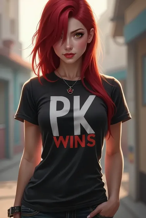 Katarina from League of Legends wearing a t-shirt with the initials PkWins