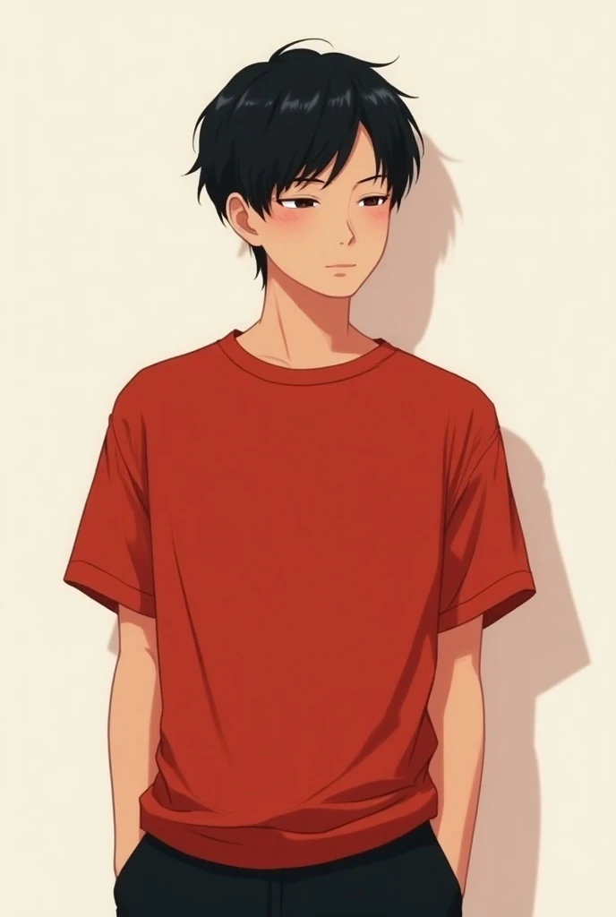 Male , black hair, short hair, side swept bangs, little , plain red t shirt, black pants, closed eyes,