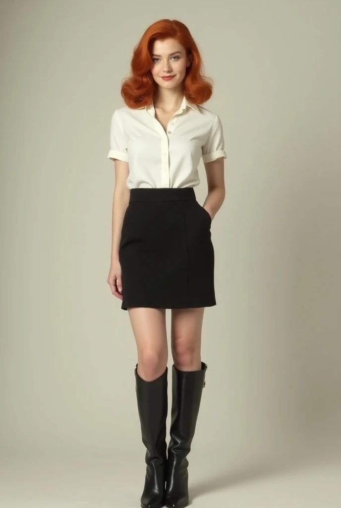 Full body front shot of realistic image of 25-year-old redheaded woman with wavy hair to the shoulder style of 1960, She wears short sleeve shirt in white ,  tight short skirt in black in 1960 style and 1960 style high heel boots in black 