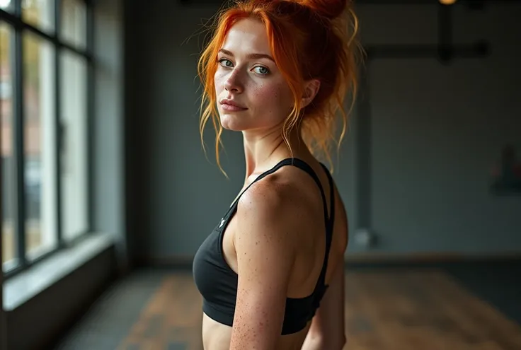 18 teen year-old girl, ((entire body shot)), slightly looking over shoulder, Swedish ginger, many freckles, gym outfit, on gym mat, messy high bun, gentle Mona Lisa smile, glossy lips, small breast, thin waist, wide hips, big fat plump round bottom, shapel...