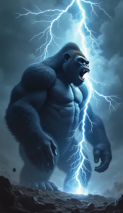 "Create an image showing an intense face-off between a massive, muscular gorilla and a powerful lightning strike, both appearing angry and facing each other. The gorilla should have a fierce expression, with tense muscles and a deep, wild gaze, while the l...