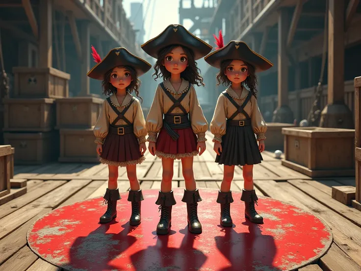 3 1860s 12yr old pirate hat minidress girls standing inside the red circle painted in the shipyard