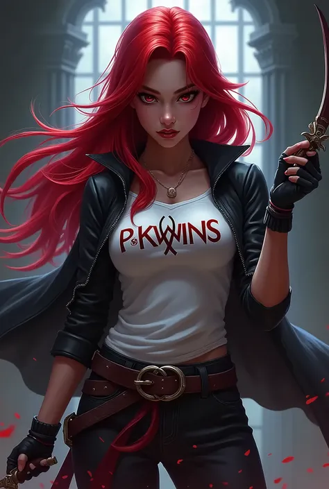 Katarina from League of Legends holding daggers with her shirt with the initials PkWins