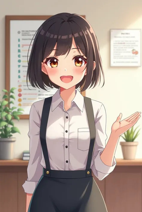 “friendly Japanese teacher with a bob hairstyle, anime-style illustration. She has a warm smile, wearing professional attire. Background features subtle English-themed elements like alphabet letters or educational icons, giving a welcoming and educational ...