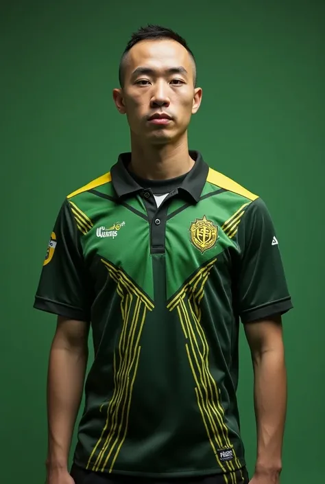 Create an evangelical soccer jersey with a bald collar, in green colors, black and gold 