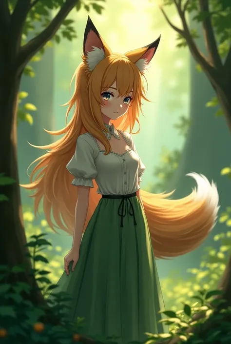 Semirealistic female anime character with fox ears and tail in a forest 