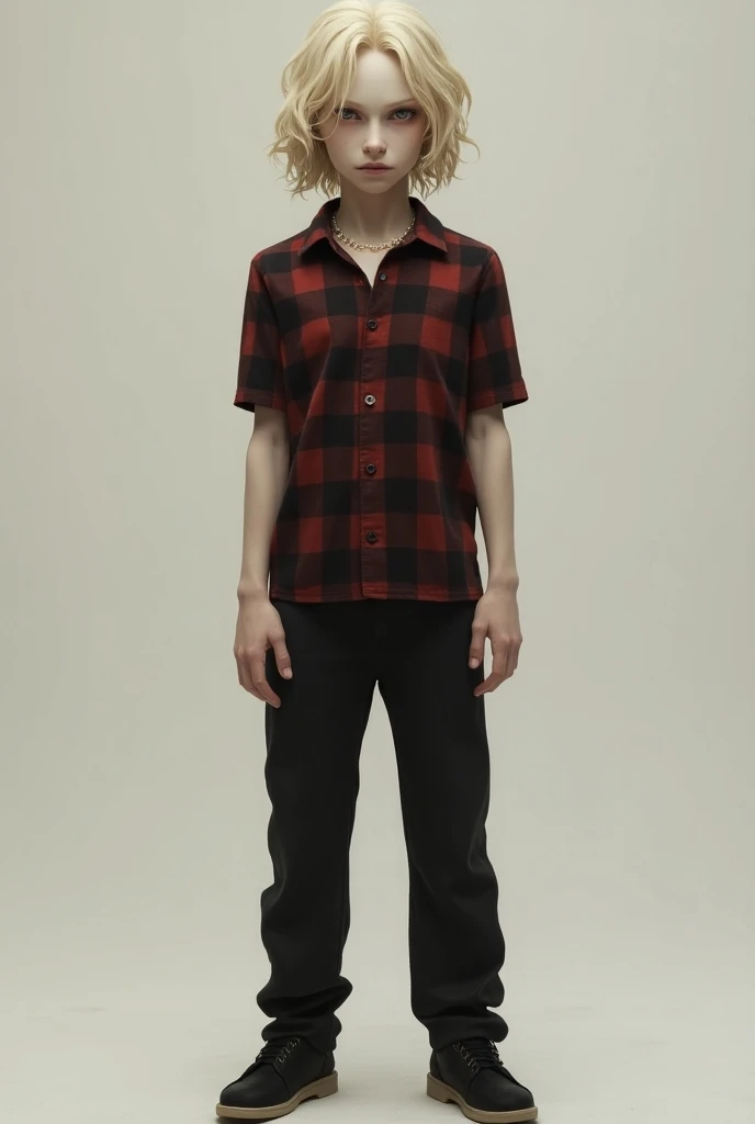 Full body front shot of realistic image of  man thin wavy albino blonde hair,  wears short sleeve black and red checkered shirt , black pants and shoes ,  have their hands on the waist and serious expression 