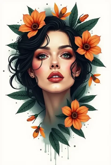 A surreal, sensual portrait design on a white background, inspired by a tattoo style. The image focuses solely on the intense expression of a womans face, rendered in deep orange, black, and gray tones, with subtle touches of complementary colors like emer...