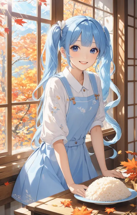  long light blue hair 、Beautiful girl with twin tails、Matsutake rice、A delicious smile、A bright room with sunlight shining in、Outside the window is a landscape of autumn leaves