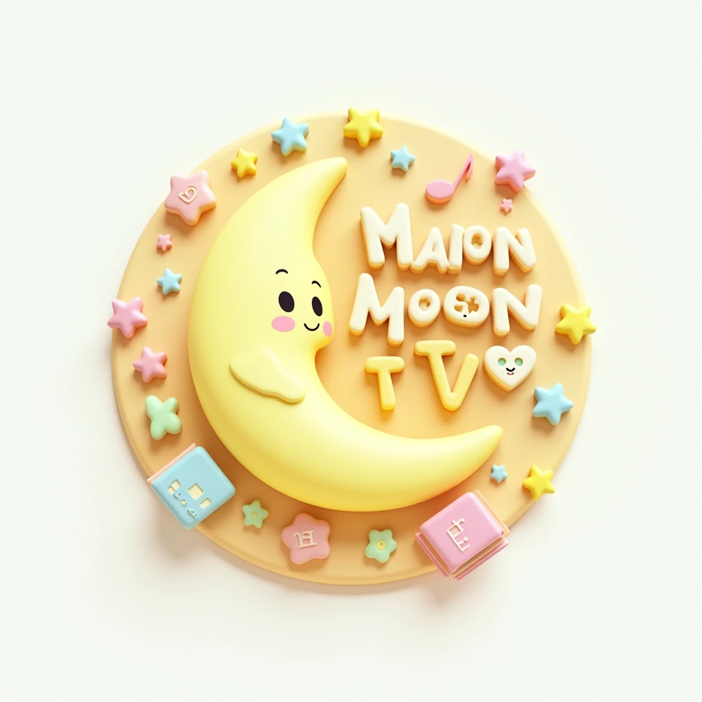 3D-Pixar-Style, Design a fun and inviting logo for a s YouTube channel called Moon Moon Tv - Nursery Rhymes and Stories. Instead of a literal moon, create a soft, rounded shape that evokes the feeling of warmth and comfort, like a glowing, friendly circle....