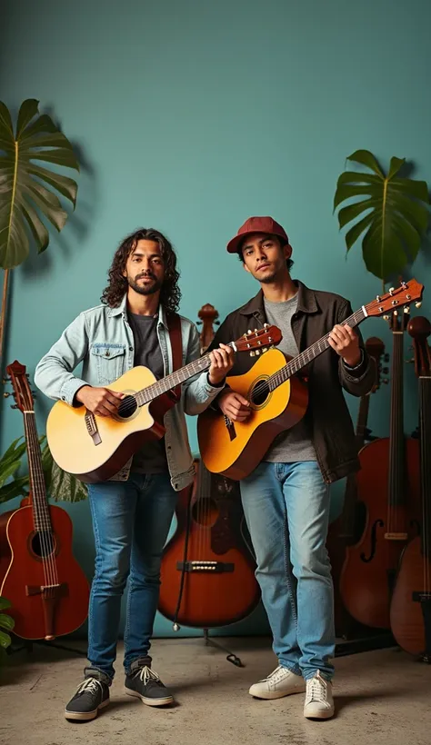 Two young rappers in a vintage studio surrounded by classic instruments from Buena Vista Social Club, with a tropical, melancholic atmosphere and a background in soft sky blue and white, inspired by the Argentine flag.