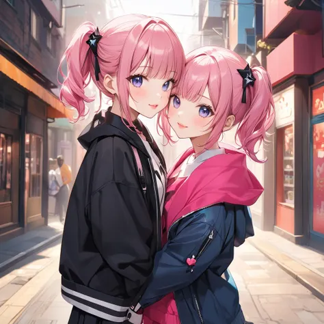  Black Star Pink and White Style，Urban Background, ((( the most beautiful girl ever))), Kind Face. Lips in Love, Cute design、Sisters、Height difference、My little sister has a one-side up hairstyle