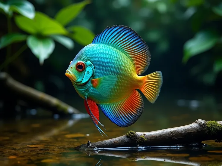 A vibrantly colored discus fish of blue, green and orange, swimming in a clear stream deep in the Amazon rainforest. Its round, flattened body shimmers with iridescence, surrounded by branches and leaves submerged in the calm water.