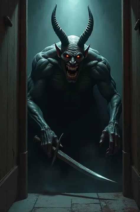 A devil in room withscary face sword in his hand and with sharp teeth