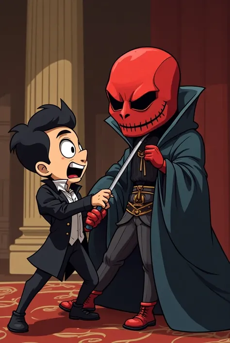 Design the red mask stabbing the prince with a design that is too simple and animated