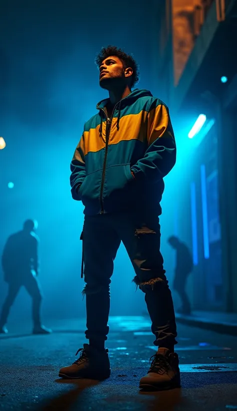 An Argentine rapper in a dimly lit street, illuminated by intense blue and gold lights reminiscent of the Argentine flag, with deep shadows and neon accents for a high-contrast, urban night scene.