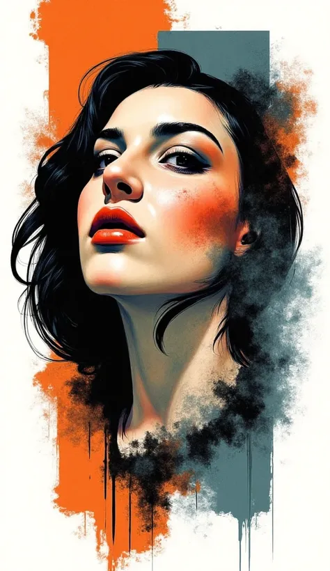 A surreal, sensual portrait design on a white background, inspired by a tattoo style. The image focuses solely on the intense expression of a womans face, rendered in deep orange, black, and gray tones, with subtle touches of complementary colors like emer...