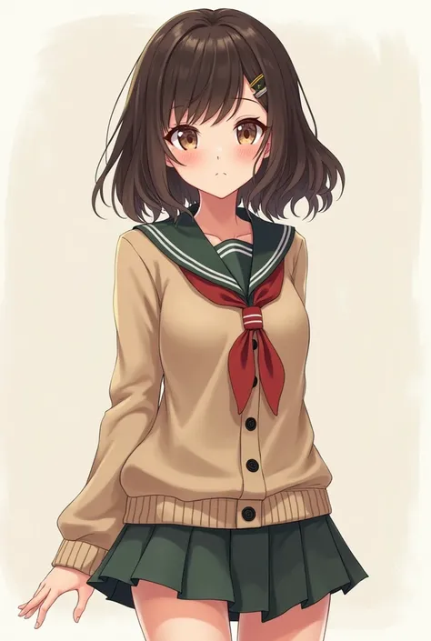 anime girl school uniform mid-length wavy dark brown hair, brown eyes and freckles. Shes around 55 and pretty skinny