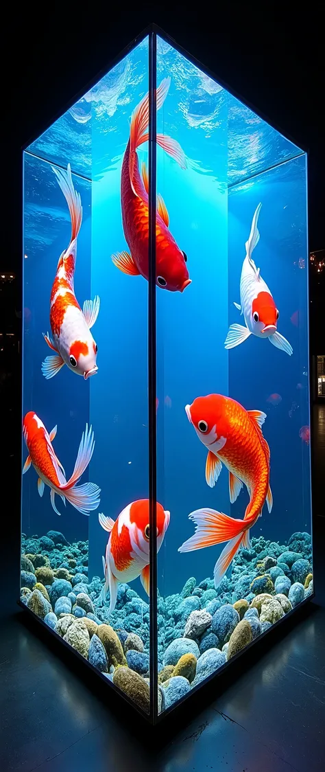 (masterpiece:1.2),(Best Quality),(Super detailed),( super high definition),( photorealistic),( RAW Photos),16k,wallpaper, building composed of multiple LED screens,Goldfish swimming in an aquarium are depicted on the LED screen,progressive, Installation Ar...