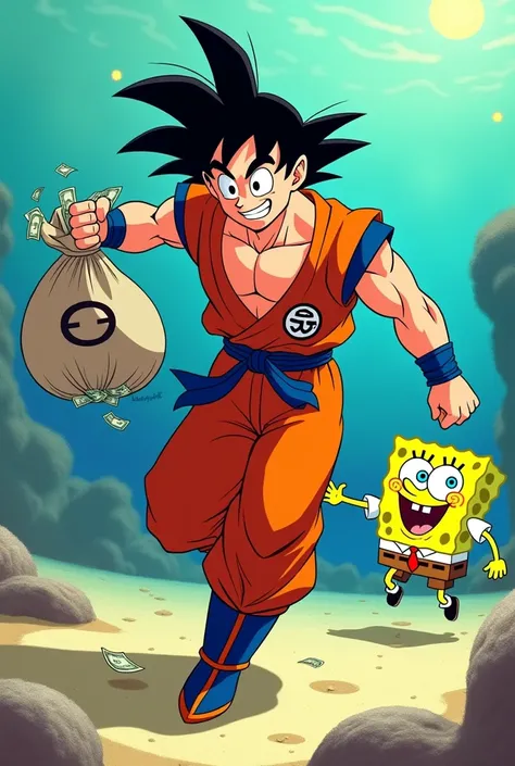 Goku stealing a bag full of money from SpongeBob the younger animated but Goku running away from SpongeBob but Goku with stealing Gucci 