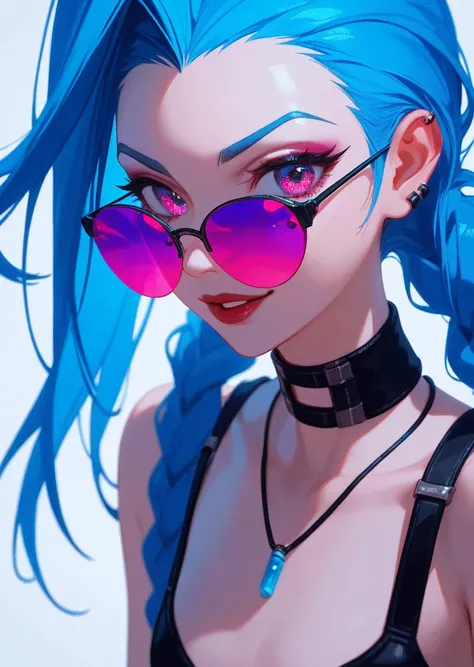 一幅 vibrant 的波普艺术插图， close-up of Jinx in League of Legends ，Color inkjet “JINX” ， vibrant ，Colored sunglasses ，Tattoo，Model pose， animated illustration ， best quality， Ultra HD