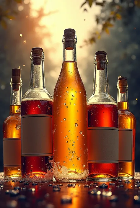 Representative image of the alcoholic fermentation process in a striking and illustrative way with bottles of alcoholic beverages