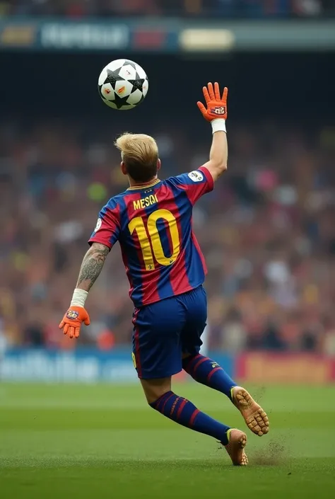 It is a real stick image creation where Trump in black thread will do the goalpost ball and a goalkeeper Messi will be wearing a strong mail barcelona jersey to tackle the ball. The background will be the natural lighting of the stadium and the blurred cro...