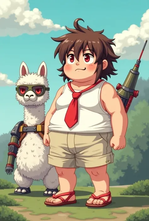 Pixel character, brown hair shady bangs, wear red tie, big belly, wear tanktop, wear cream short pant, wear geta, red pupil eye, bring white llama (llama wear armor and rocket launcher). 