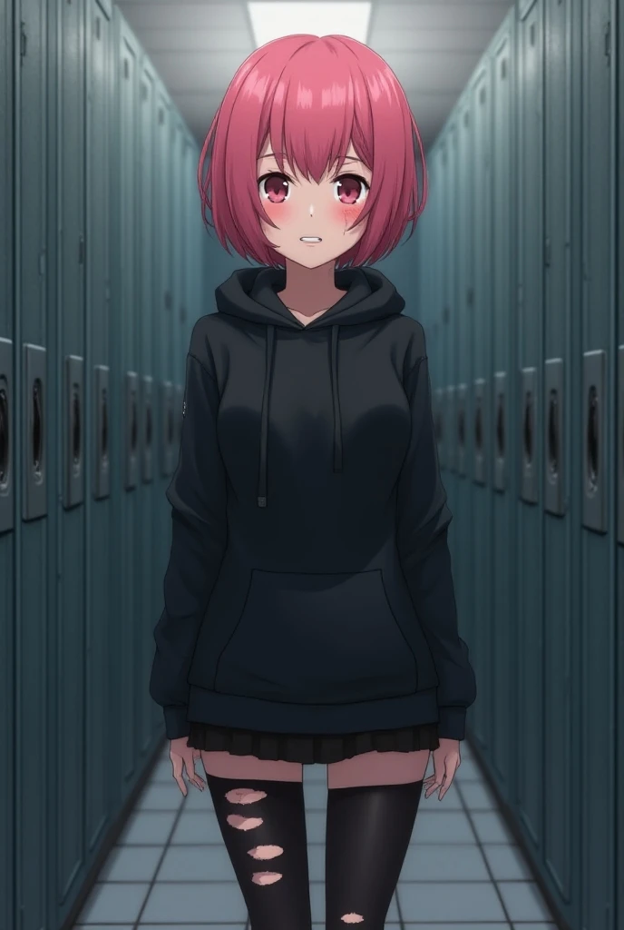 Draw an anime girl with a chin bob hair cut. Give her pink. Draw her backed against a wall. She is wearing a black hoodie, mini skirt, and black leggings with holes. Give her huge breasts and narrow waist. Make her body busty and make her nervous and flust...