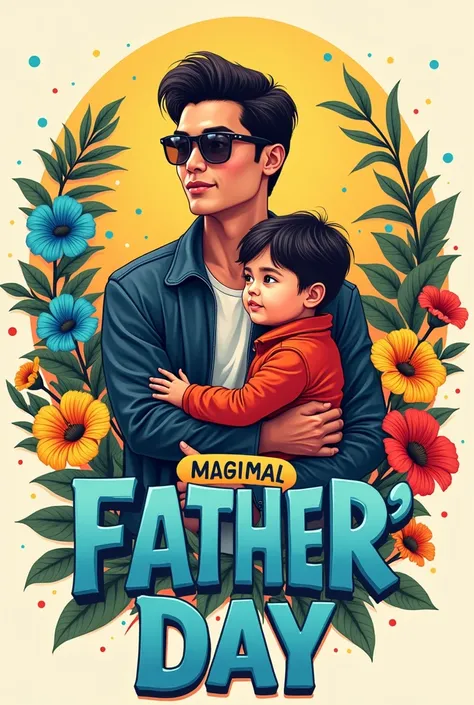 illustration of a handsome Indonesian young man aged 25 years in a jacket, wearing sunglasses with his  boy, posing in a charming embrace, with a striking colorful background. The large text at the bottom of the image reads the name "HAPPY FATHER DAY" spel...